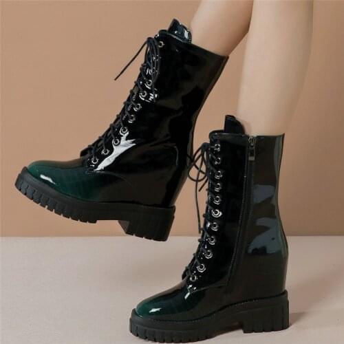 Lace Up Creepers Women Genuine Leather High Heel Platform Pumps Shoes Female High Top Round Toe Fashion Sneakers Casual Shoes