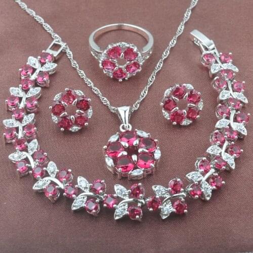 2020 New Rose Red Zirconia Womens Wedding Jewelry Sets Bracelet Silver Color Necklace Pendant Earrings Ring YZ0383