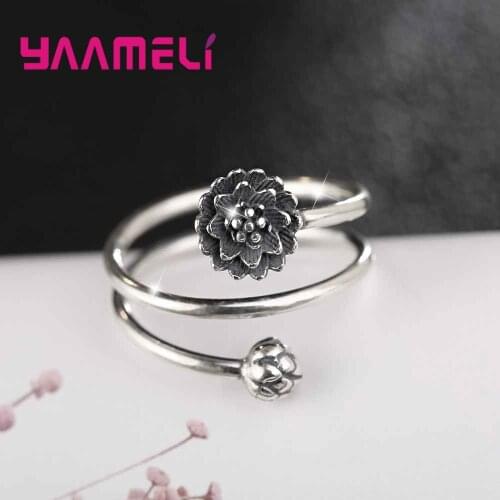 Free Shipping 925 Sterling Silver Woman Fashion Lotus Ring Personality Opening Design Female Flower Finger Rings