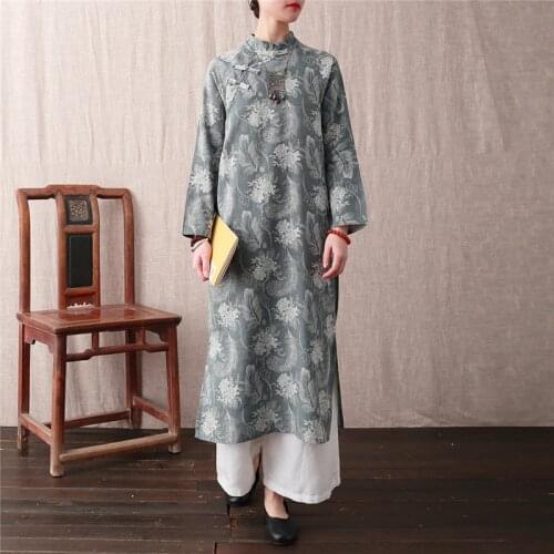 Johnature Chinese Style Original Cheongsam Women Spring Cotton Linen Stand Dresses Long Sleeve Print Floral 2021 Vintage Dress