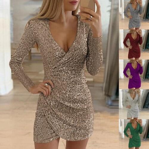 2021 New Women Sexy Shiny Sequin Dress Long Sleeve V-Neck Bodycon Slim Short Dress Spring Evening Party Clubwear New Arrival