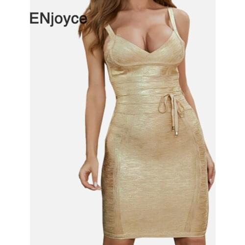 ENjoyce 2020 Summer Women Dress Gold Bodycon Bandage Vestido Sexy Deep V-Neck Sleeveless Club Celebrity Runway Party Dress