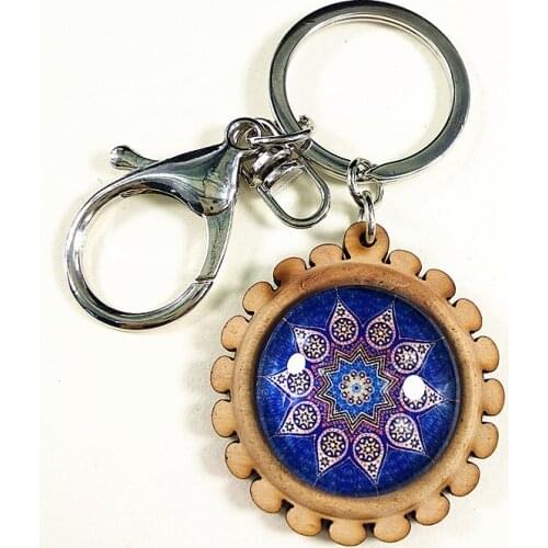 1pcs Bandanna Paisley Keychain Mandala Flower Vintage Key buckle Wood Tray base Buddhist cultural for men women party gift