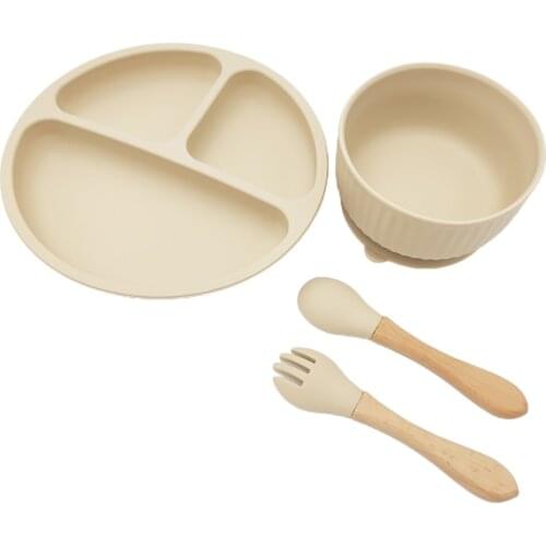 4 Pcs Baby Silicone Divided Dinner Plate Sucker Bowl Spoon Fork Set Training Feeding Food Utensil Dishes Tableware Kit for Gifts