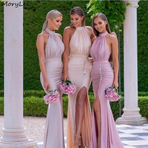 Halter Bridesmaid Dresses Sleeveless Spandex Satin Mermaid Crystal Beaded Bridesmaid Dresses Wedding Party Bridesmaid Gowns