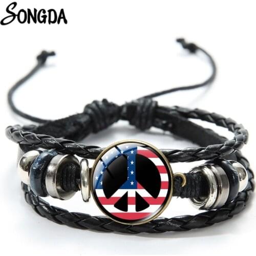 Hippie Peace Sign Art Phtoes Bracelets Punk Design Glass Dome Charm Beads Bracelet Bangle Women Men New Fashion Wristband