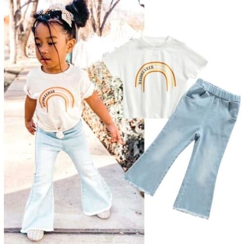 Kids Suit Set Letter Rainbow Print Round Neck Short Sleeve T shirt Tops Flared Jeans Girls Childrens Sets 2-7 Years