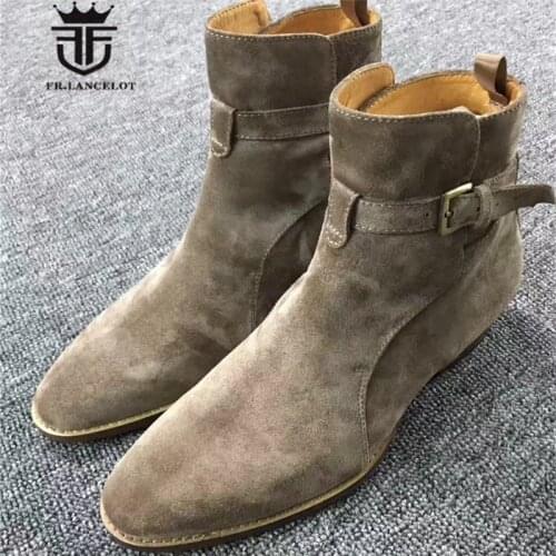Exclusive Handmade Buckle Strap wedge top quality suede leather MID punk Mens Boots Wedding Parting Denim causal Boots
