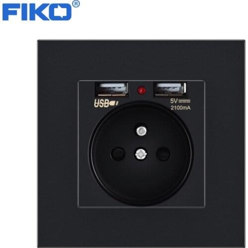FIKO FR European standard 16A 250V Household power socket with dual home usb PC panel, EU france standard Black 86mm*86mm