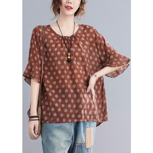 Oversized Women Cotton Linen Casual T-shirts New 2021 Summer Vintage Style Polka Dot Flare Sleeve Loose Female Tops Tees S4014