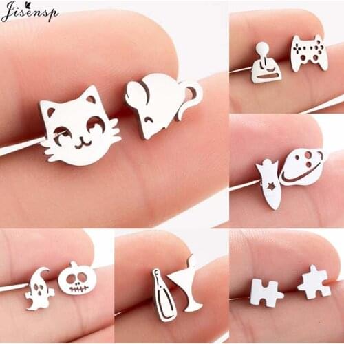 Jisensp Classic Cartoon Cute Cat and Mouse Earring Asymmetry Animal Stud Earrings for Fashion Jewelry Gift pendientes mujer