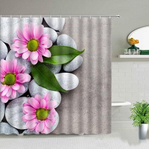 Stone Flower Scenery Shower Curtain Set Sunflower Rose Floral Plant Butterfly Landscape Bathroom Screen Bathtub Hanging Curtains