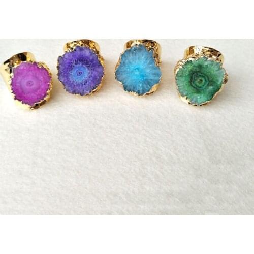 5pcs Gold color Natural geode stone Rainbow Color rings,Dye Color Sun Flower Quartz Stone Rings,Jewelry Finger Ring R29