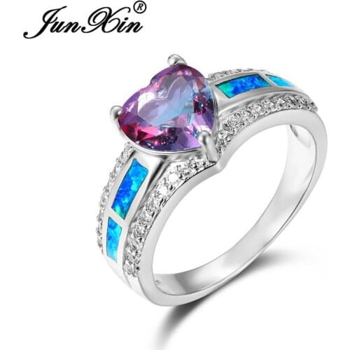 Blue Fire Opal Ring Rainbow Fire Zircon Heart Rings For Women Silver Color White Gold Rose Red Blue Stone Engagement Ring Female