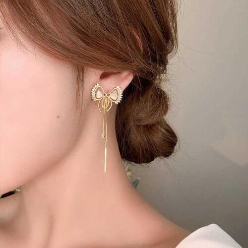 Korean Fashion Shining Rhinestone Long Tassel Earrings for Women Opal Stone Bowknot Dangle Earrings 2021 New Trendy Jewelry
