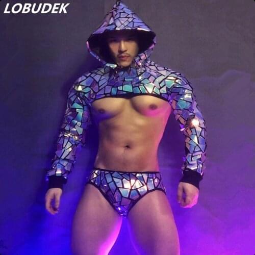 Bar Nightclub Men Women Gogo Costume Sexy Club Technology Future Theme Mirror Sequins Hooded Tops Shorts Set Performance Clothes