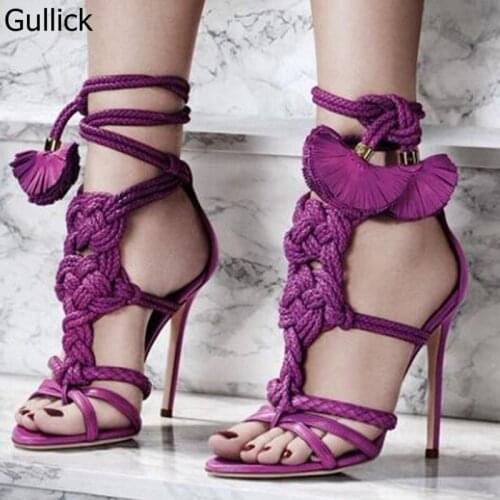 Hot Sale 2018 Summer Sandal Solid Narrow Band Peep Toe Lace Up Casual High Heel Hollow Out Fringe Decoration Summer Sandals