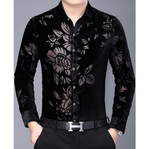 New Arrival Male Hollow Floral Clothes Long Sleeve See Through Velvet Shirts Sexy Man Transparent Dress Shirts Free Shipping