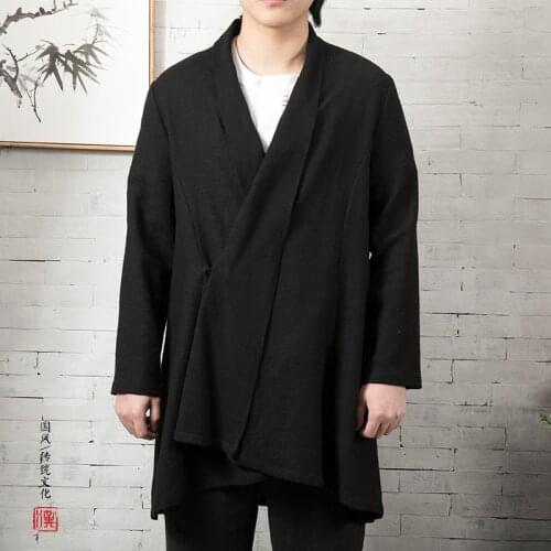 Mens Trenchcoat Chinese Style Long Windbreaker Hanfu Coat Men Vintage Kimono Robes Kung Fu Cardigan Male Cotton Linen Jackets