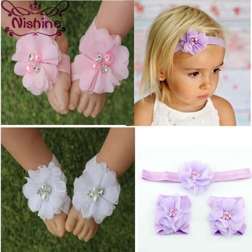 Nishine Fashion Infant Pearl Rhinestone Flowers Barefoot Sandals With Headband Set Photography Props Children Accessories