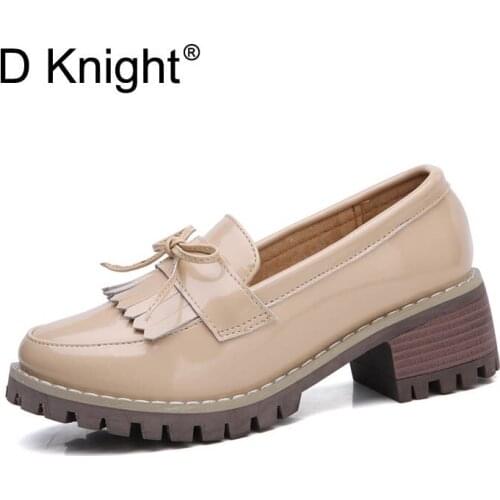 New Fashion Bowtie Slip-on Patent Leather Women Loafers Vintage Middle Heel Height High Heels Women Oxfords Size 35-41 Loafers