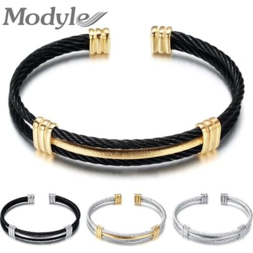Modyle New Fashion Punk Vintage Gold Silver Color Three Layer Stainless Steel Wire Rope Wedding Bracelet Bangles for Women