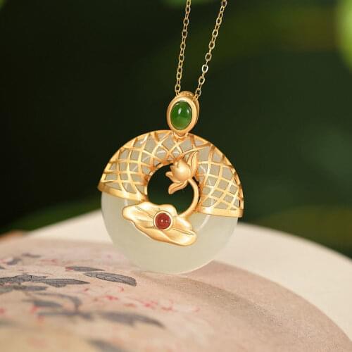 New S925 Sterling Silver Gold-Plated Natural Hotian Jade Pendant Retro Chinese Lotus Peace Buckle Womens Sweater Chain