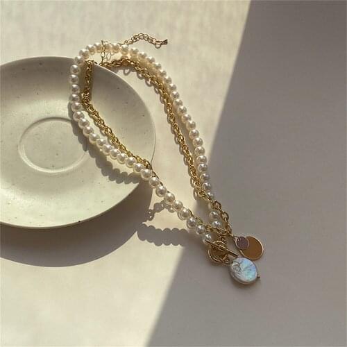 2Pcs/Set New Design Pearl Pendant Necklace for Women Bead Chain Choker Round Coin Party Jewelry Accessories Gift