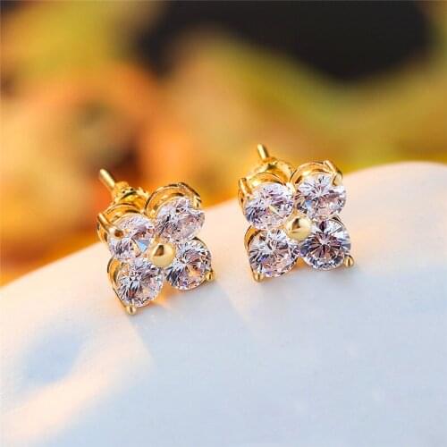 Luxury Female White Crystal Zirocn Earrings Yellow Gold Silver Color Wedding Earrings Charm Small Round Stud Earrings For Women