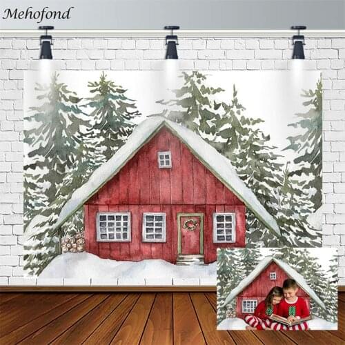 Christmas Backdrop For Photography Winter Tree Red Wood House White Snow Children Photo Background Studio Photocall Decor Props