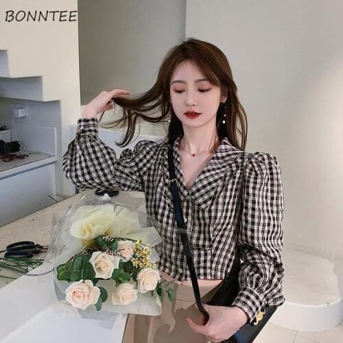 Long Sleeve Shirts Women Plaid Retro Crop Top Spring All-match Elegant Leisure Street Design Feminine Popular Chic Clothing Ins