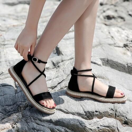Women Faux Suede Sandals Slides Fashion Summer Shoes Flat Rope Lace Up Gladiator Non-Slip Beach Chaussures Femme Plus Size 35-42