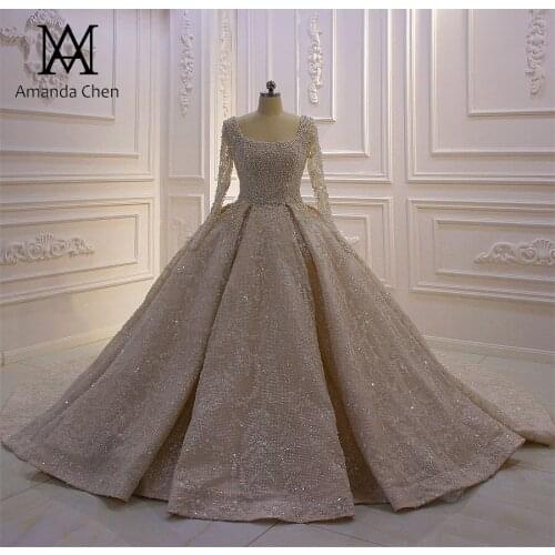 Wedding gowns Long Sleeve Pearls Lace Champagne Wedding Dress