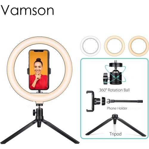 Vamsom Photography LED Selfie Ring Light Dimmable Camera Phone Ring Lamp 10inch Table For Makeup Video Live Studio VLS12C
