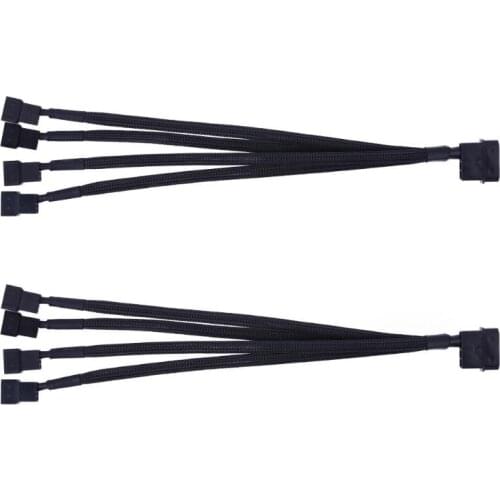 Hot Sale 2pcs 4pin IDE Molex to 4 Port 3Pin/4Pin PC Cooling Fan Splitter Power Cable Black Sleeved Extension Cables Connectors