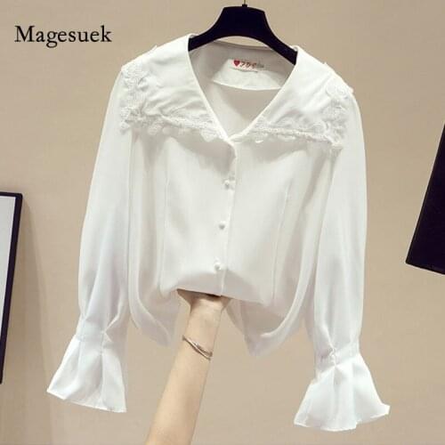 Spring White Lace Blouse Women New Casual Cotton Long Sleeve Female Tops Fashion Peter Pan Collar Slim Shirt Blusas Femme 13128