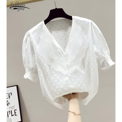 V-neck Lace Polka Dot Bubble Short Sleeve Women Tops Summer 2021 French Retro Blouse for Women Slim Jacquard Chiffon Shirt 15475