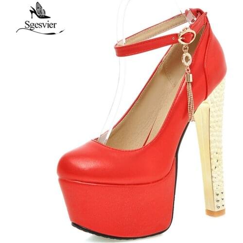 Sgesvier Women Shoes Round Toe Buckle Straps Pumps Dress Shoes Thick High Heels 15CM Platform Wedding Shoes Zapatos Mujer B542