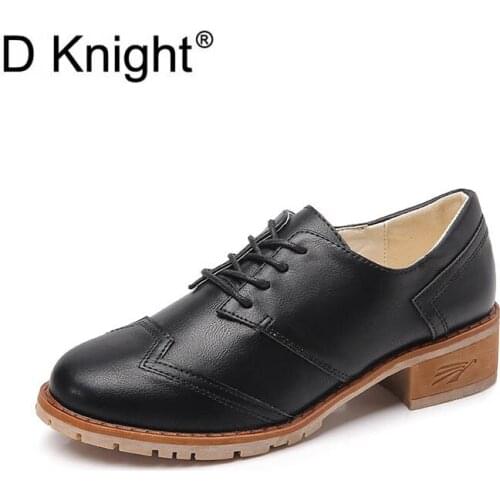 Women Low Heels Oxfords Fashion PU Leather Brogues Platform Shoes For Woman Sewing Lace Up Female Footwear Big Size 3.5-12 Black