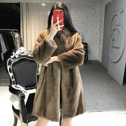 Real Mink Fur Women Long Coat with Mandarin Collar Winter Long Slim Warm Thick Whole Mink Fur Jacket