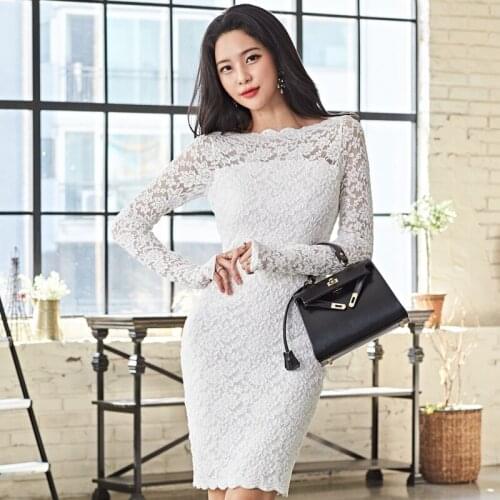 2019 Spring Lace Embroidery Women Dress Slash Neck Long Sleeve Party Club Dresses Sexy Mini Autumn Hollow Out Pencil Dresses