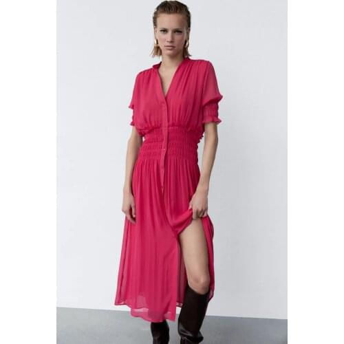 2021 Button Down Womens Maxi Dress V-neck Ruffles A-line Boho Chiffon Dress Short Sleeve Ruffles Sweet Mujer Chic Vestidos