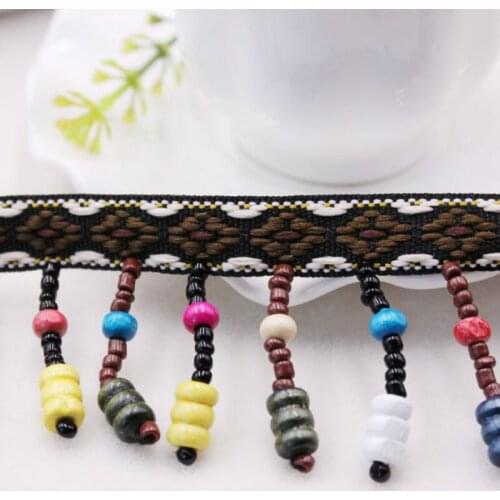 9 Yards Hot sale vintage wooden bead pendants handmade tassel beaded lace DIY ethnic style clothing shoes accessories webbing
