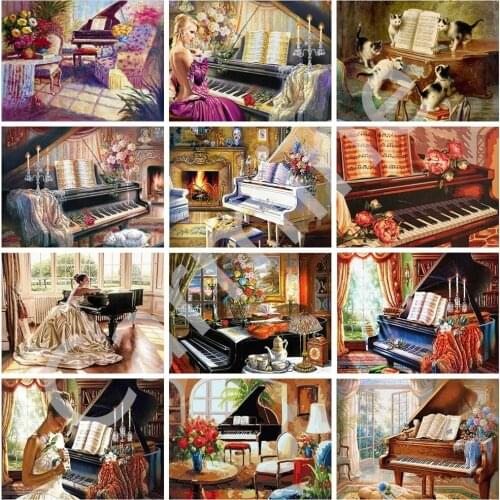 DIY 5D Diamond Painting Piano Cross Stitch Kit Landscape Embroidery Canvas Art Picture Full Round&Square Drill Home Decoration