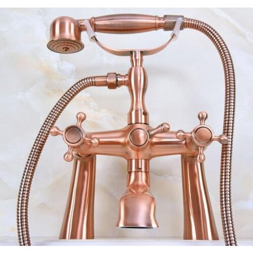 Antique Red Copper Deck Mounted Bathroom Tub Faucet Dual Cross Handles Telephone Style Hand Shower Clawfoot Tub Filler ana159