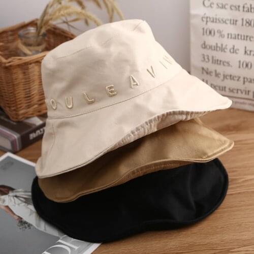 Letter Embroidered Neutral Bucket Hat Beige Brown Black Cotton Reversible Sun Cap When Are You Leaving Slogan Fishman Hats