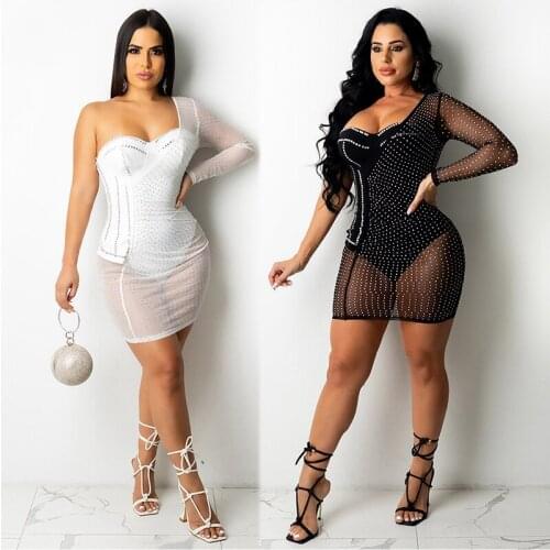 Sparkly Rhinestone Sheer Mesh Patckwork Party Dress Women One Shoulder Sexy See Through Mini Elegant Bodycon Package Dress