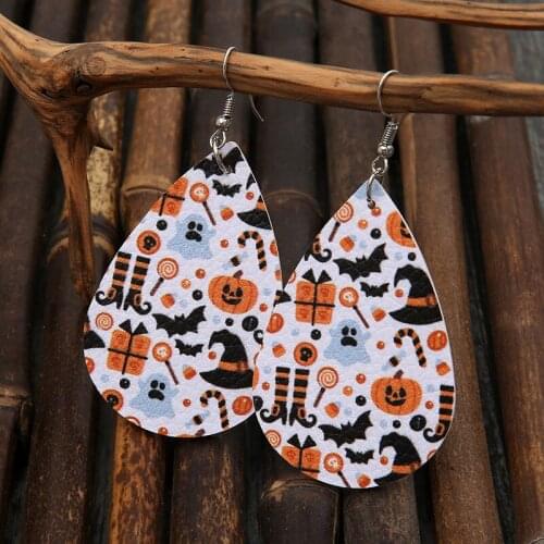 European and American New Style Easter Pumpkin Lantern Bat Wizard Hat Gift Water Drop Leather Earrings for Women Wholesale