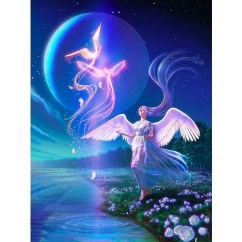 GLymg Full Diy Diamond Embroidery Angel Diamond Painting Stuck Drill Blue Night Rhinestone Surface Lake Bird Home Decor Picture