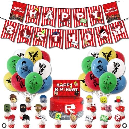 1set Roblo Game Balloons Banner Cake Topper Boy Girl Happy Birthday Party Decor Lego Game Bunting Flag Baby Show Supplies Ballon